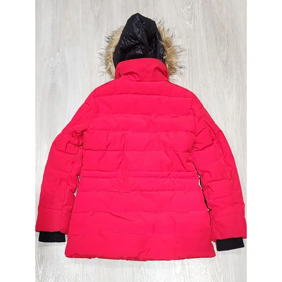 GUESS Puffer Parka Jacket Faux Fur Hood Red S/CH/XS Zip Pockets Winter Used - Picture 12 of 13